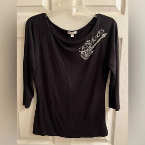 CACHÉ ~ROCKS ~RHINESTONE GUITAR~GRAPHIC TOP~LG